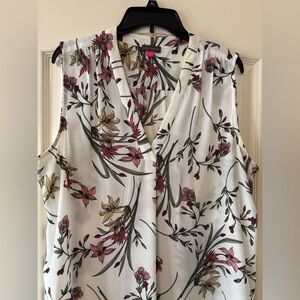 Vince Camuto White Floral V-Neck Sleeveless Top with Pink and Gold Blooms